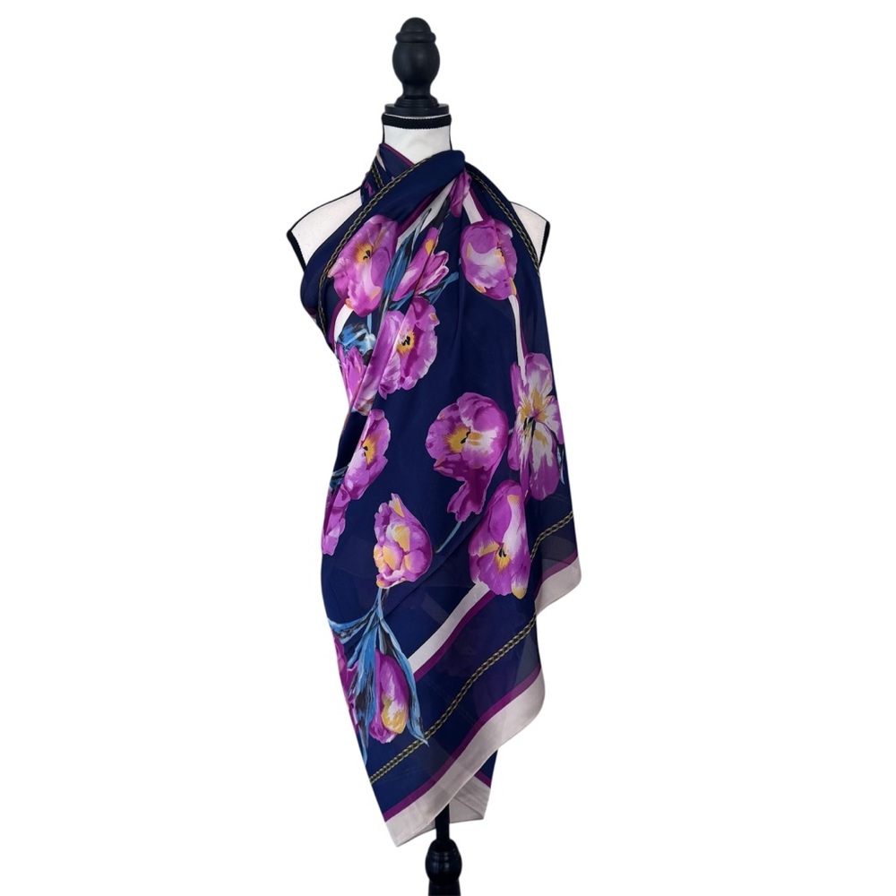 Luxury 100% Silk Oversized Scarf Navy Pink Tulip Blooming Floral Wrap Shawl